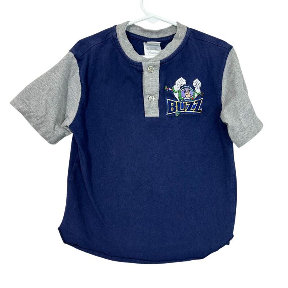 VTG Toy Story Buzz Lightyear Boys Shirt Disney XS Blue Henley Embroidered 90s
